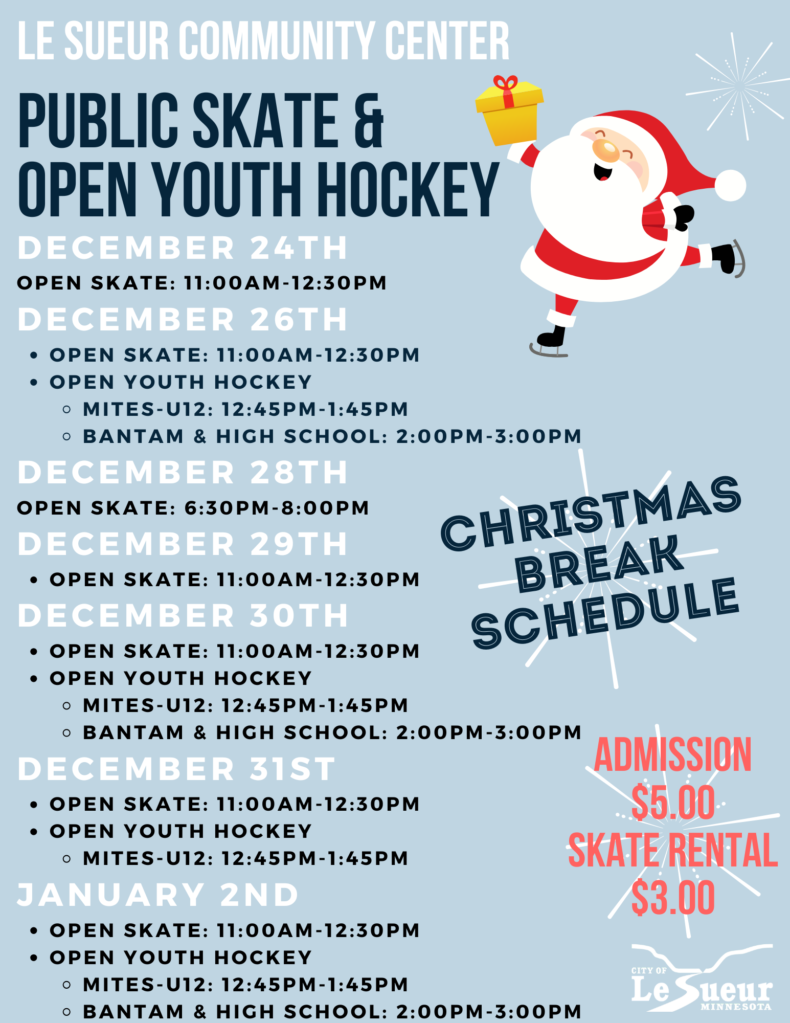Open Skate & Hockey Christmas Schedule